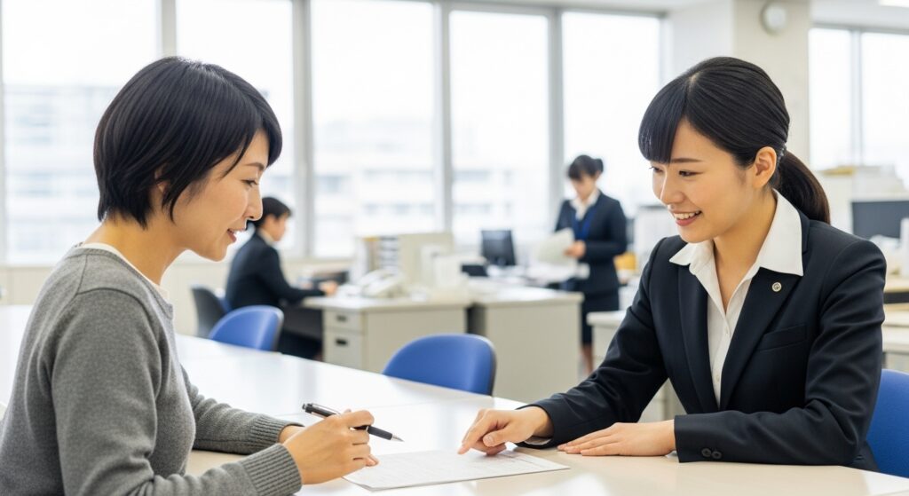 担当者の説明を受けながら役所の書類に記入する女性