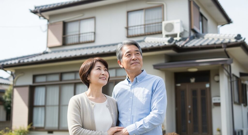 マイホームの前に高齢夫婦が立っている
