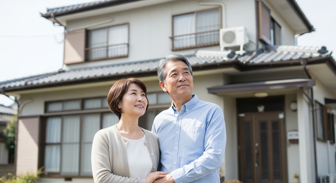 マイホームの前に高齢夫婦が立っている