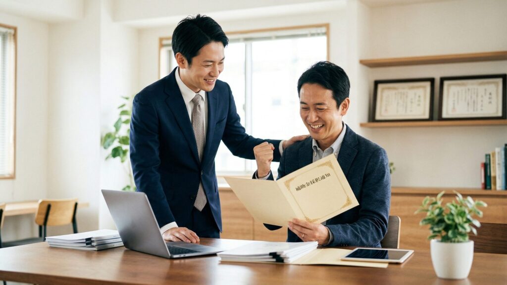 明るいオフィスで、補助金の採択通知書を手に笑顔でガッツポーズをする経営者と、肩に手を添えて共に喜ぶ税理士