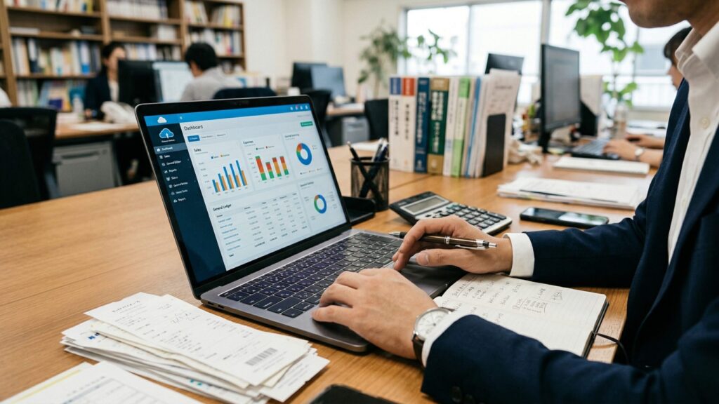 オフィスのデスクで、ネイビーのスーツを着用した男性が、グラフやデータが表示されたクラウド会計ダッシュボードが映るノートパソコンを操作し、ノートに書き込んでいる。