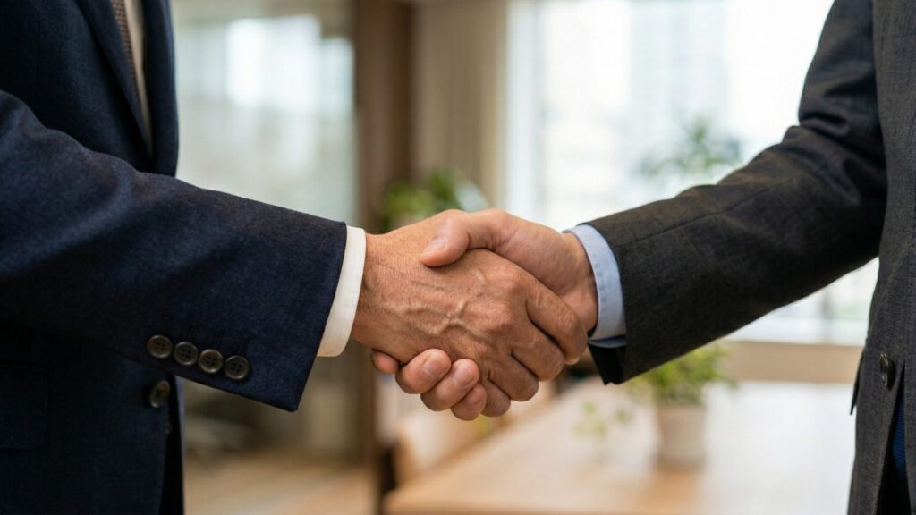 会計事務所のオフィス内で、握手を交わす2人の日本人ビジネスマン
