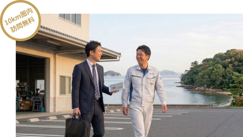 海沿いの産業用倉庫の敷地内で、笑顔で歩きながら会話する、スーツ姿のビジネスマンと作業服姿の男性