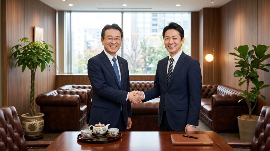 木目調の壁と都市景観が見える大きな窓のある高級な応接室にて、ネイビーのスーツを着た2人の日本人ビジネスマンが握手をしており、カメラを向いて笑顔です。手前のテーブルには、伝統的な急須と湯呑みのセット、革製のノート、ペンが置かれています。背景には革製のソファや観葉植物が配置されています。