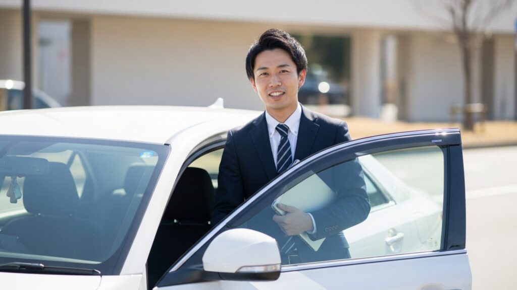 ノートパソコンを抱え、白い車のドアを開けて笑顔でカメラを見つめるスーツ姿の日本人男性。屋外、昼間の風景。