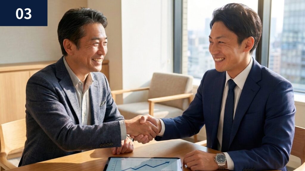明るいオフィスで、タブレットを前に笑顔で握手を交わす税理士とクライアントの男性。