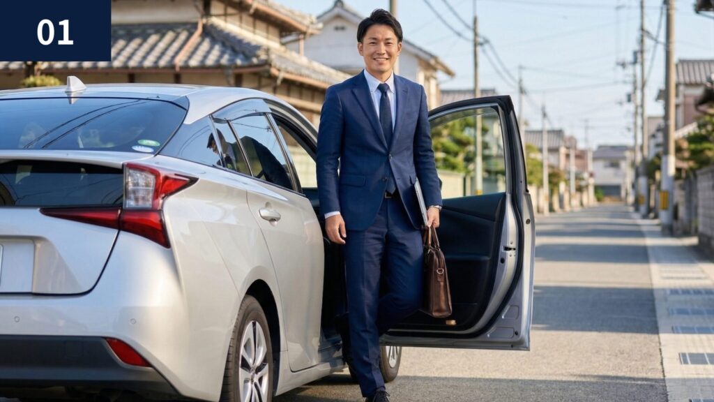 車から降りてバッグを手に持ち、笑顔で挨拶するスーツ姿の男性税理士。